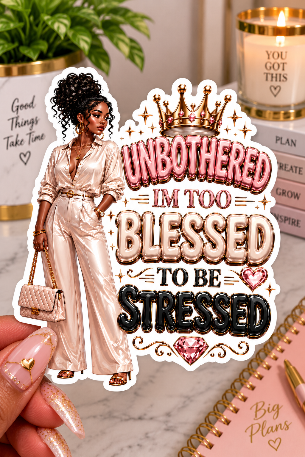 Unbothered, Blessed & Stress-Free – Luxury Lifestyle Sticker